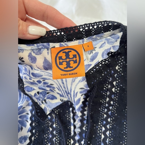 Tory Burch | Tunic Floral Blouse SZ 4 Blue Print Tie Tassel Front Cotton - Picture 2 of 11